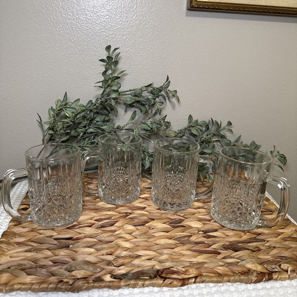 KIG Indonesia Set of 4 Clear Glass Mugs Diamond Cut Pattern 4” Vintage